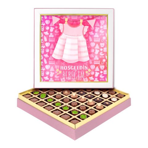 Pembe Elbise Çerçeveli Bebek Kutusu Spesiyal Çikolatalı