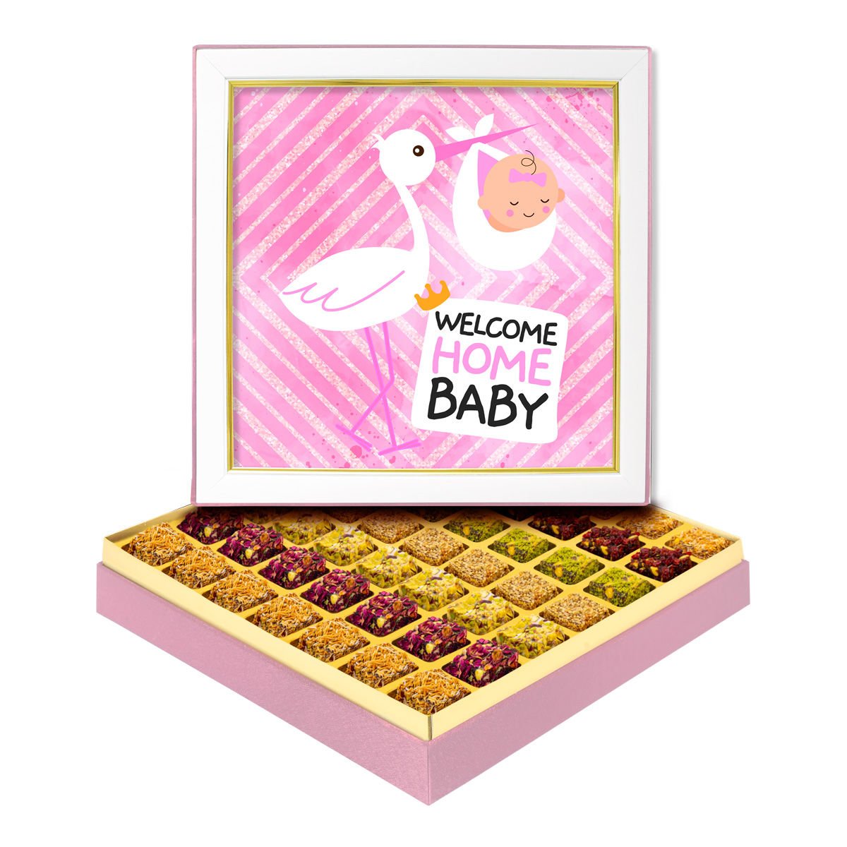 Pembe Leylek Çerçeveli Bebek Kutusu Lüks Lokumlu
